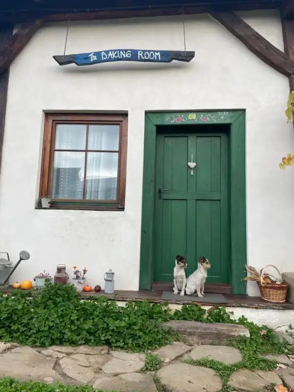 Two Jack Russell terriers sitting on the step of a green wooden door with a hand-painted "The Baking Room" sign, pumpkins and flowers along the wall
